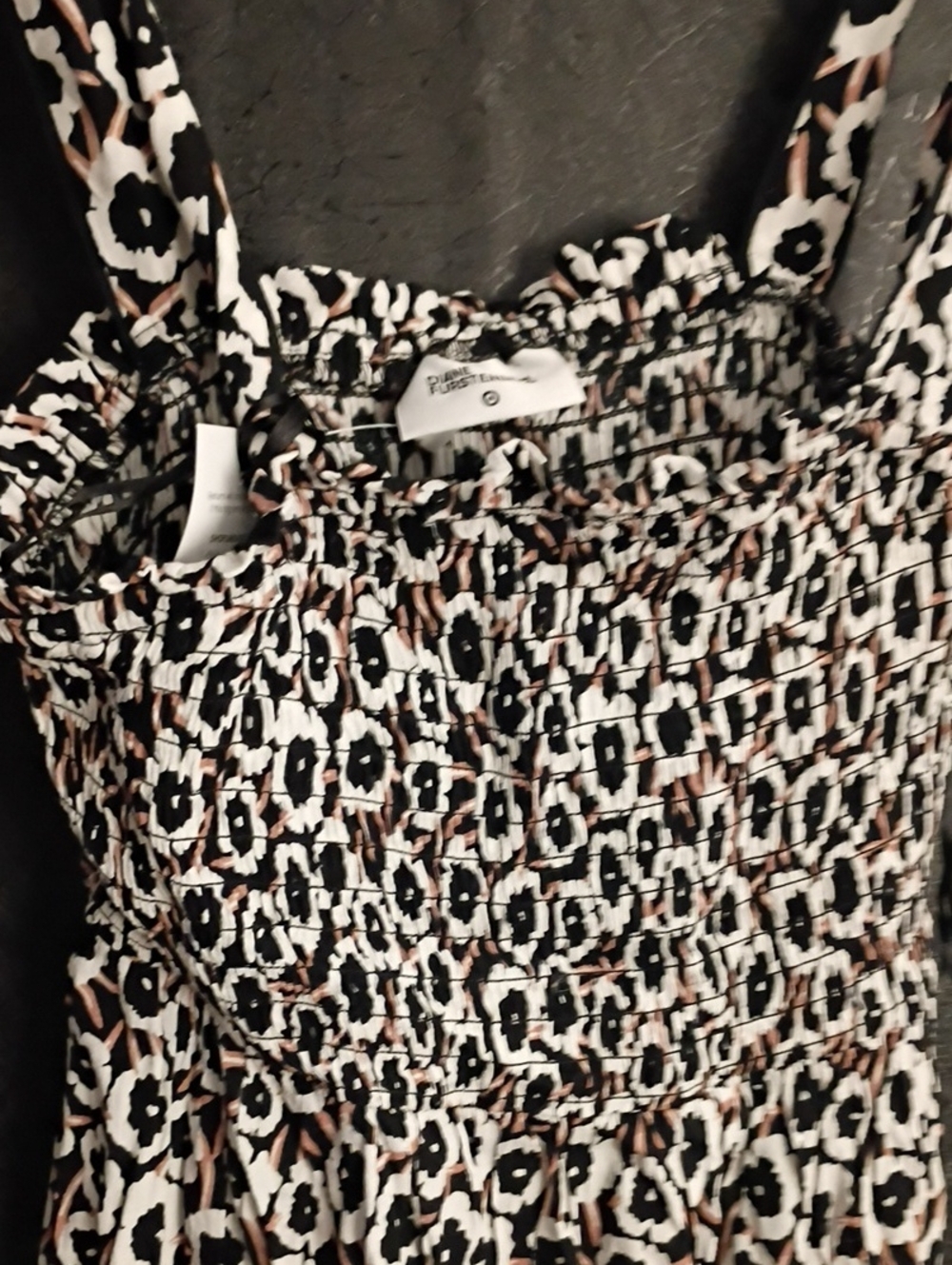 Diane Von Furstenberg Black, White & Brown Floral Smocked Maxi Dress Small.